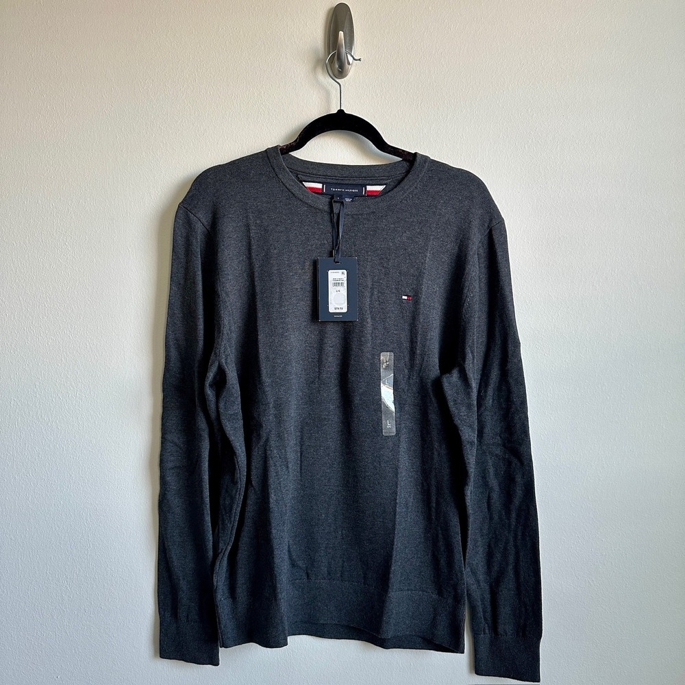 Tommy Hilfiger Sweater Mens Large Gray Cotton Crewneck Pullover Classic Logo New